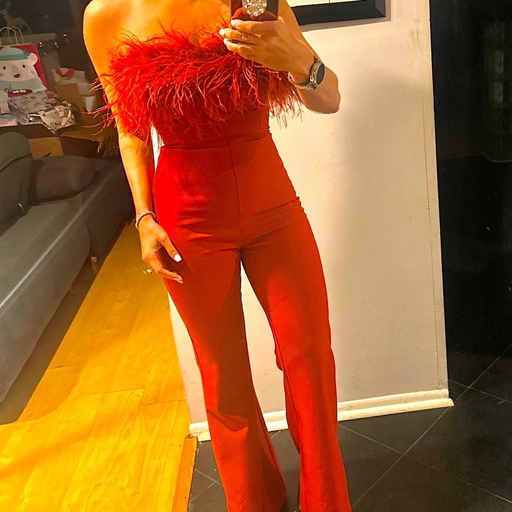 Preowned Kylan Burgundy Feather Jumpsuit